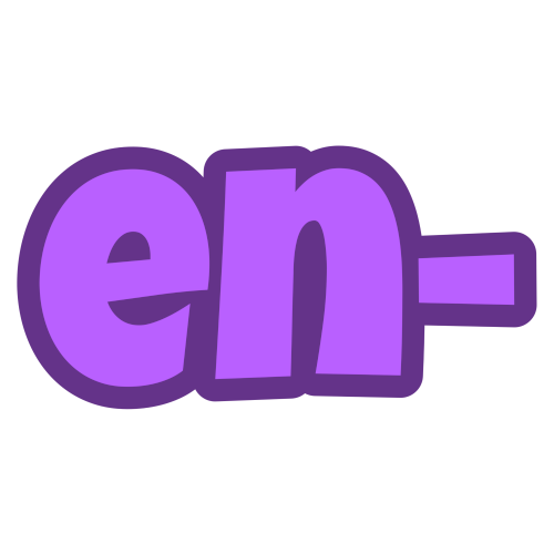 'en-' in purple letters with a darker purple outline.